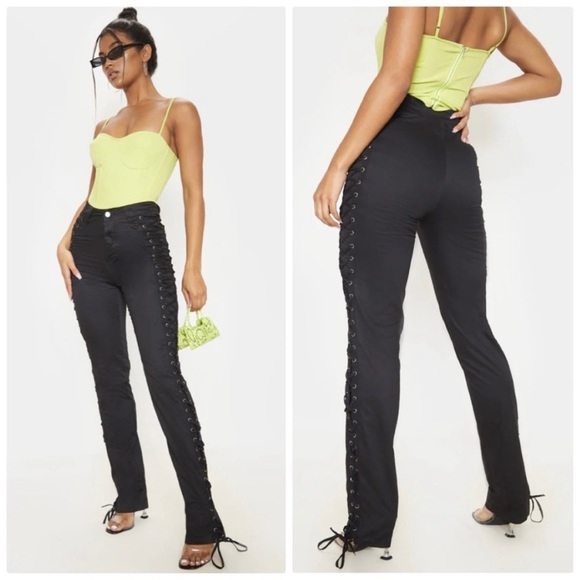 NWT PLT Lace Woven Eyelet Laceup Straight Leg Pant - Picture 1 of 6